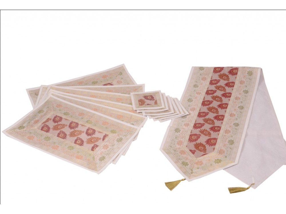 Indian Silk Table Runner with 6 Place Mats & 6 Coaster in White Color Size 16*62